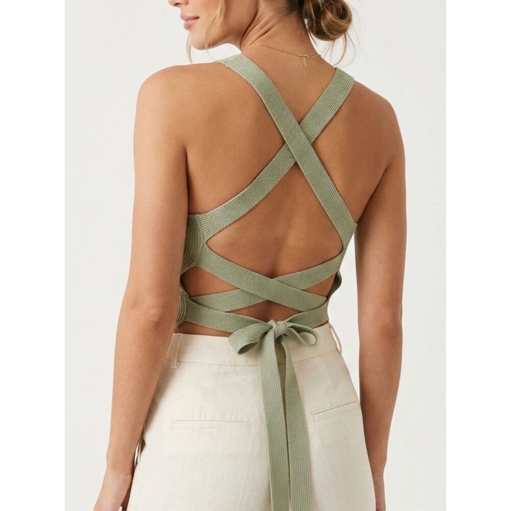 Cropped Sage Green Ribbed Crisscross Cutout Wrap Top Dreamers by Debut Size XS